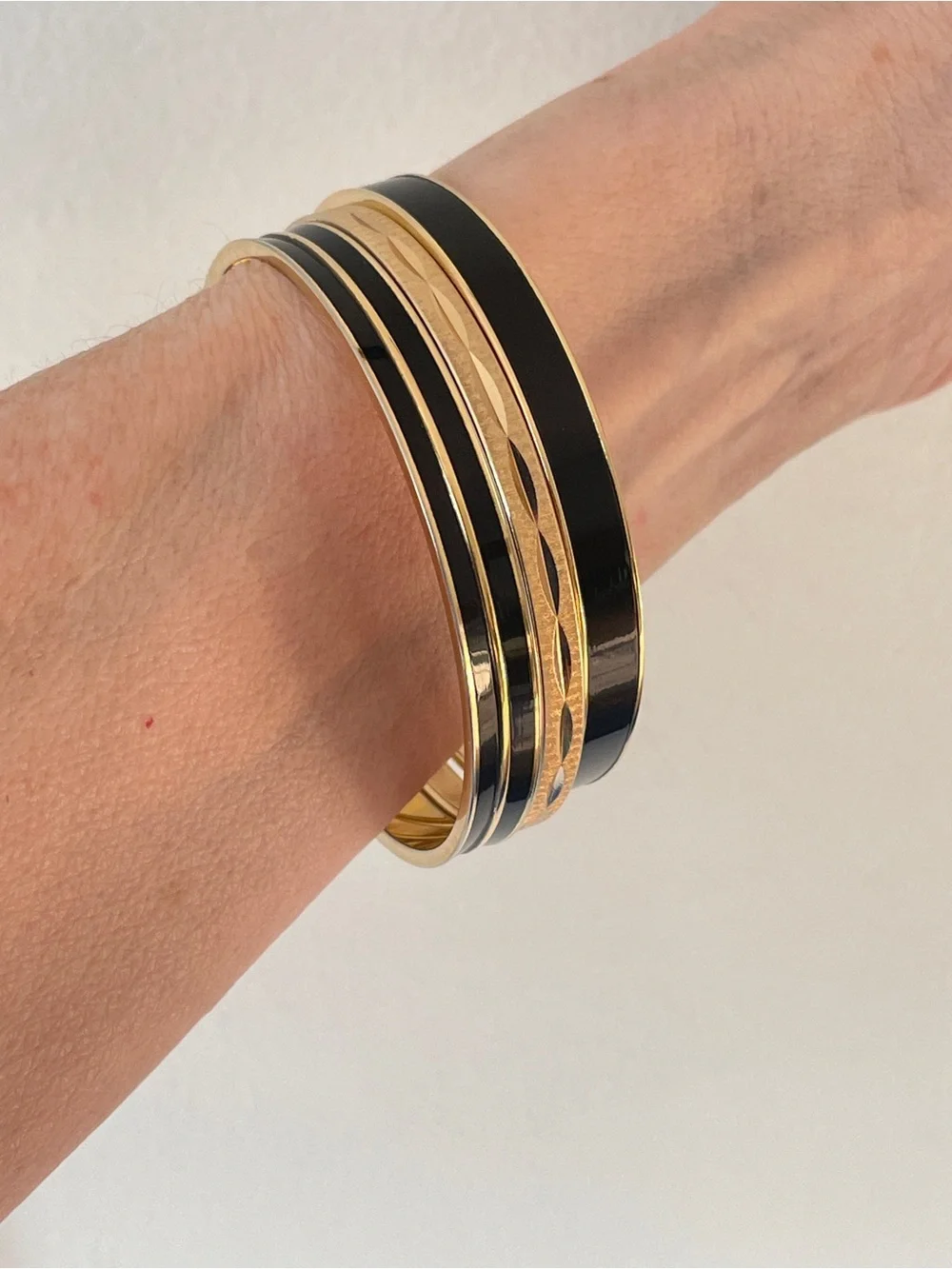 Vintage Monet Bangle Bracelets Set of 3 Gold Plate and Black Enamel Size 7.75